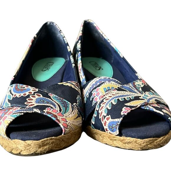 Chaps Espadrille Wedges Women 7.5 Blue Floral Slip On Peep Toe Shoes Boho Resort - Picture 8 of 12